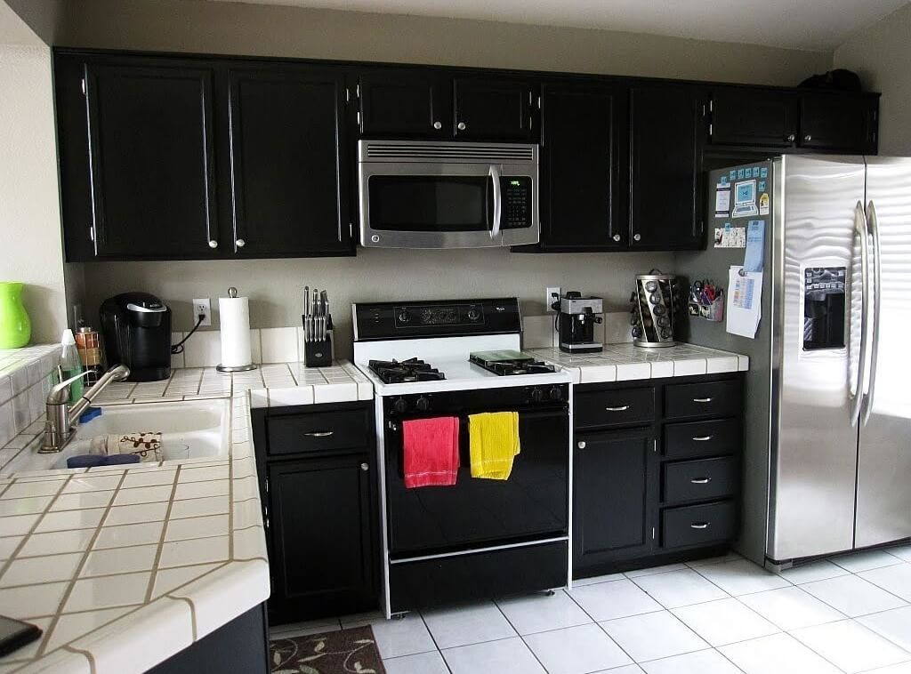  Black Kitchen Cabinets With White Tile Countertops Fine On Affordable Dark Cabinet Combined Ceramic 16 Black Kitchen Cabinets With White Tile Countertops