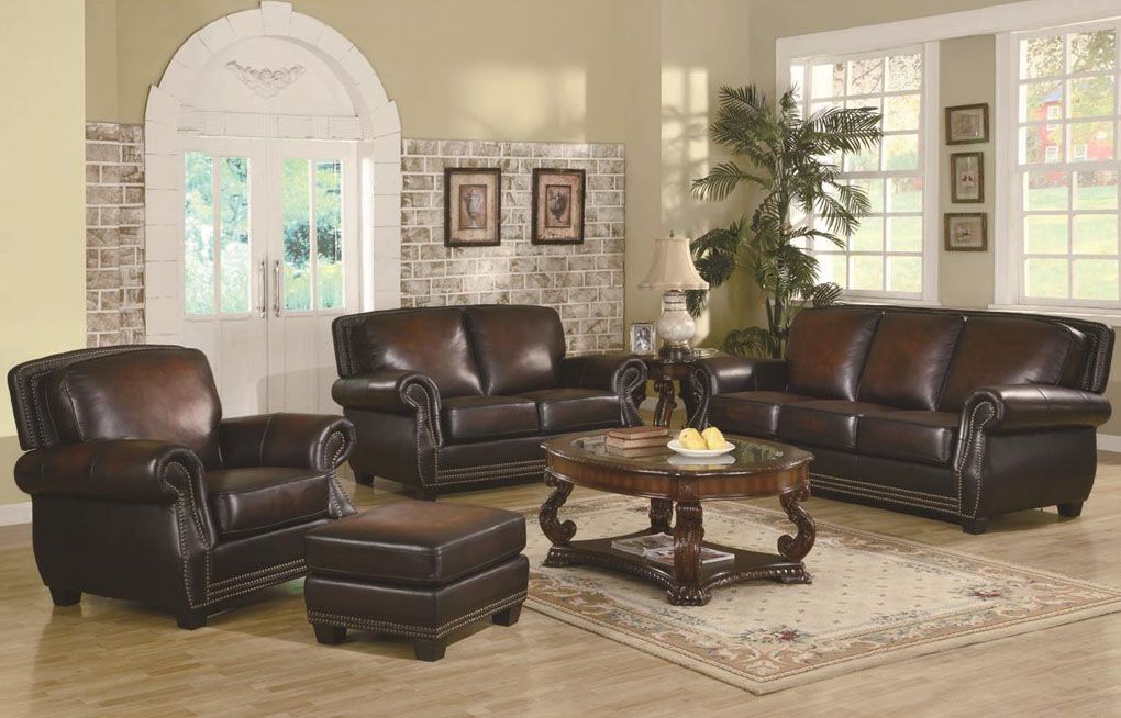 Living Room Brown Leather Sofa Sets Exquisite On Living Room With Trimmed Traditional Rich Set 0 Brown Leather Sofa Sets